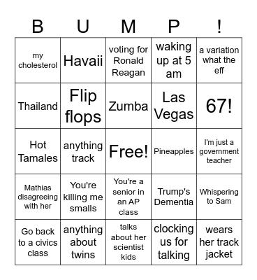 BUMP BINGO Card