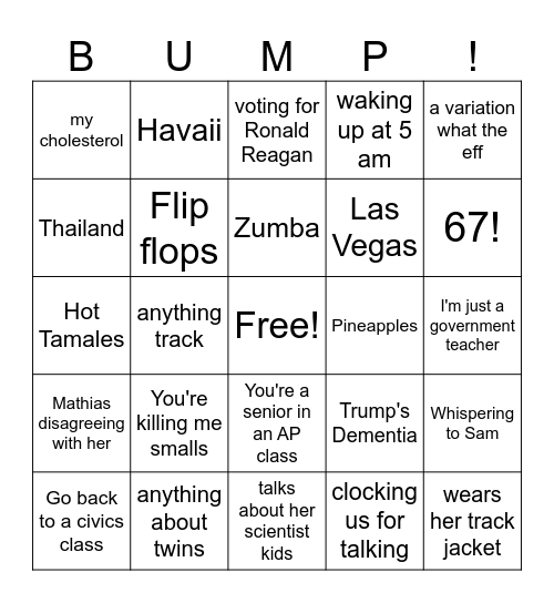 BUMP BINGO Card
