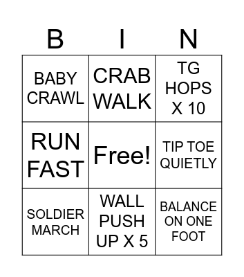 Bingo Exercise Bingo Card