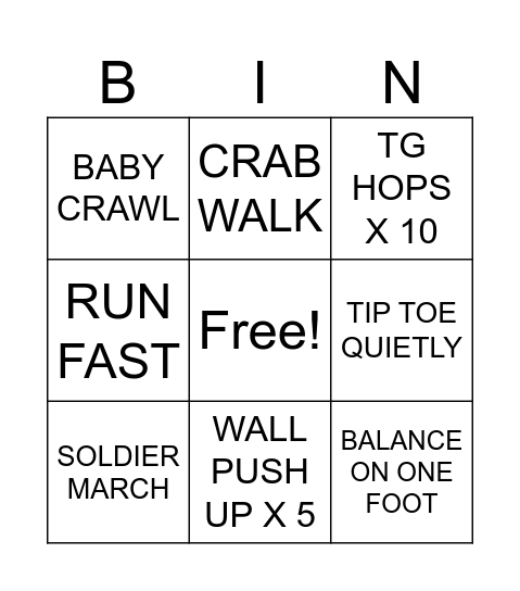 Bingo Exercise Bingo Card