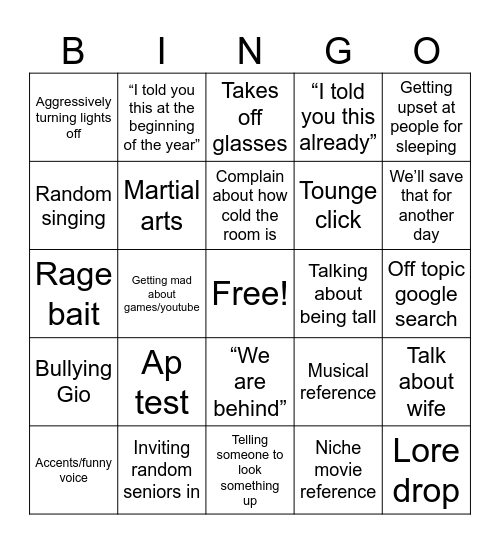 Brooks bingo Card