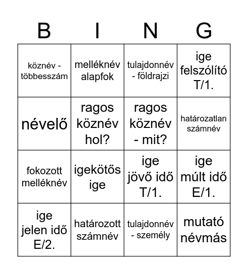 Szófaj Bingo Card