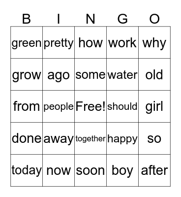 Grade 1, Unit 3 Bingo Card