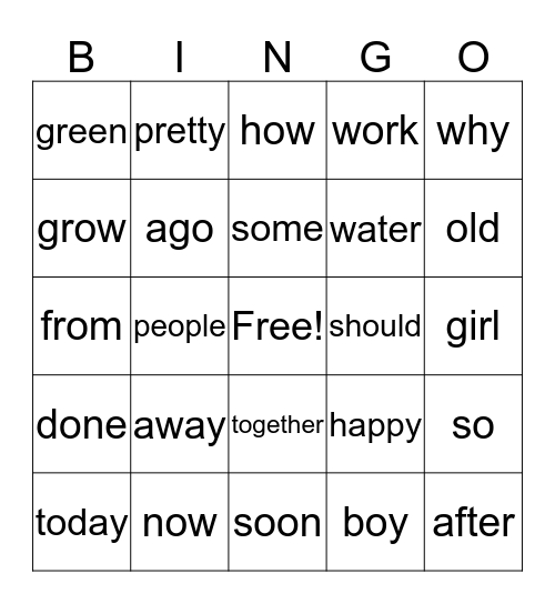 Grade 1, Unit 3 Bingo Card