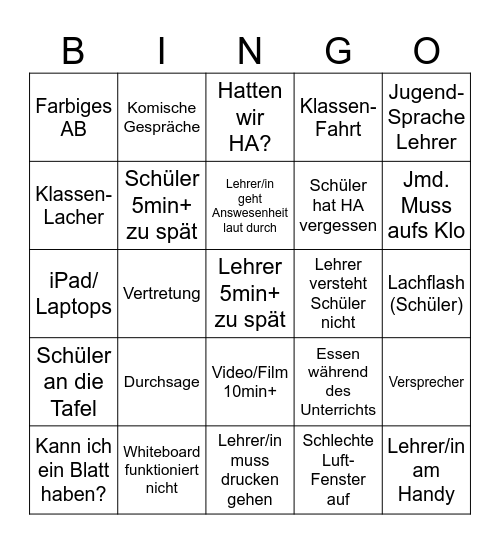 Schul Bingo Card