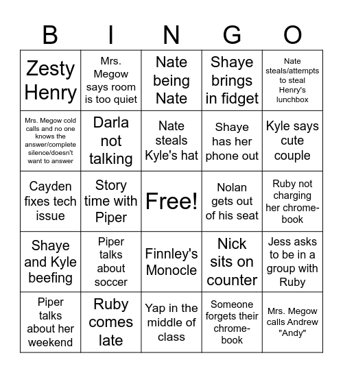 1st Period BINGO Card