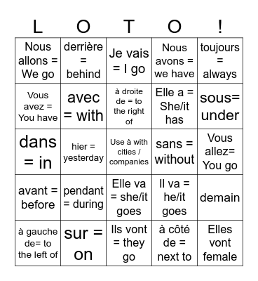 Les adverbes / aller 2026 Bingo Card