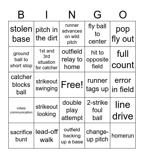 Softball Bingo Card