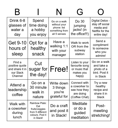 Inspire Your Wellness Bingo Card