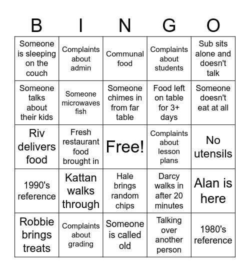 4th Period Lunch Bingo Card