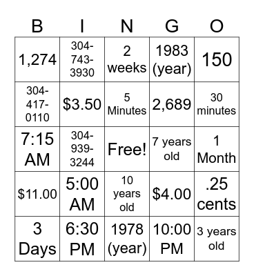 Intermediate Numbers Bingo Card