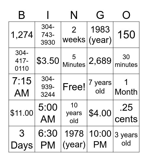 Intermediate Numbers Bingo Card
