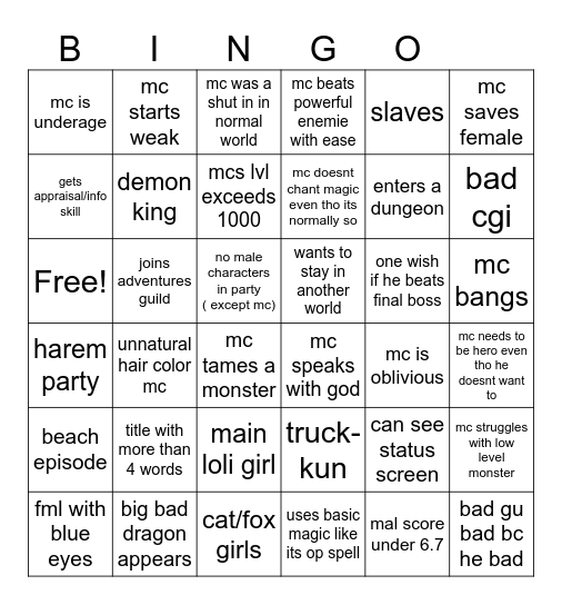 isekai slop bingo Card