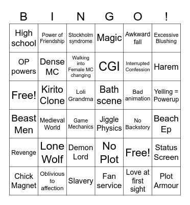Anime Slop Bingo Card