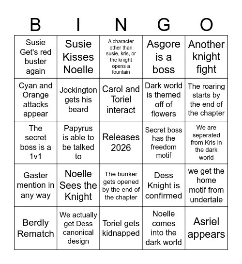 Deltarune Chapter 5 Bingo Card