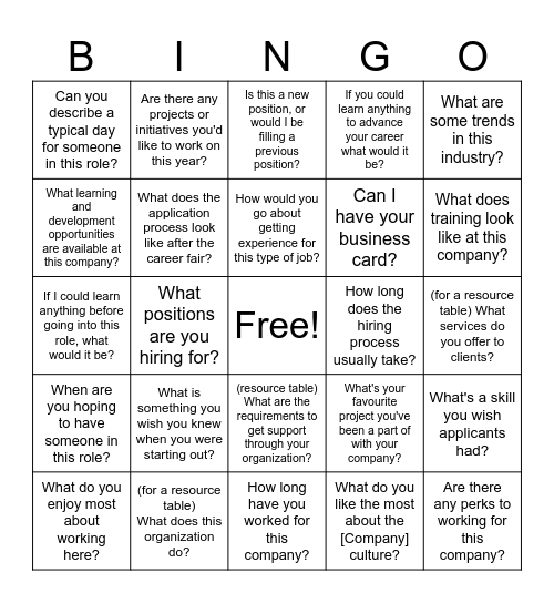 Job Fair Bingo Card