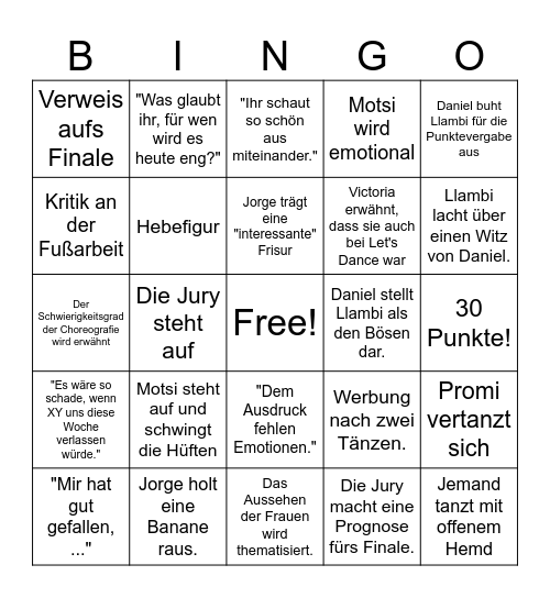 Lets Dance Bingo Card
