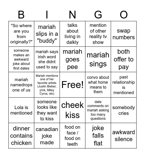 mariah first dates bingo Card