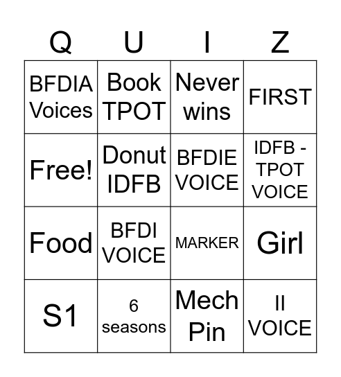 BFDI Quiz Bingo Card