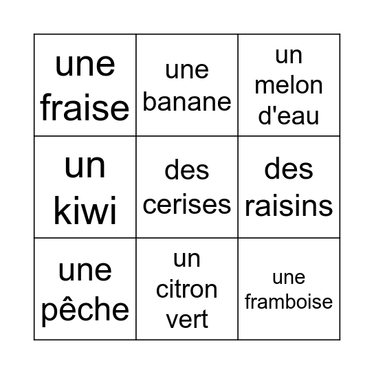 des fruits Bingo Card