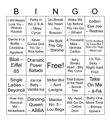 Guilty Pleasures Bingo Card