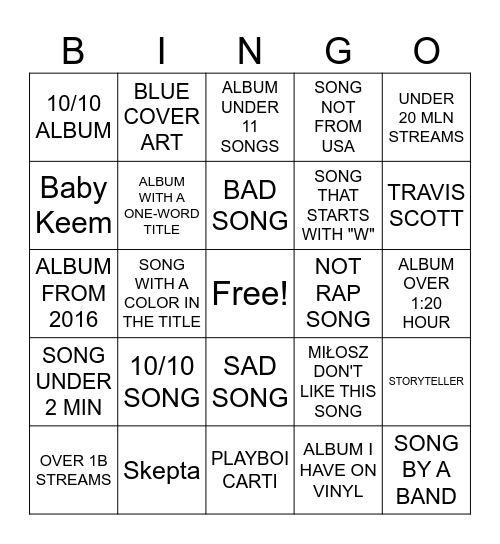 Bingo Spotify Bingo Card