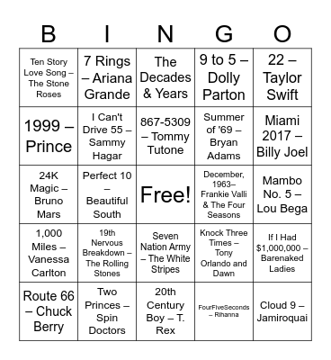 NUMBERS Bingo Card