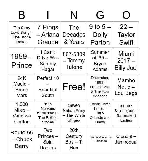 NUMBERS Bingo Card