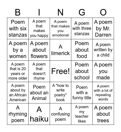 Poetry Bingo Scavenger Hunt Bingo Card