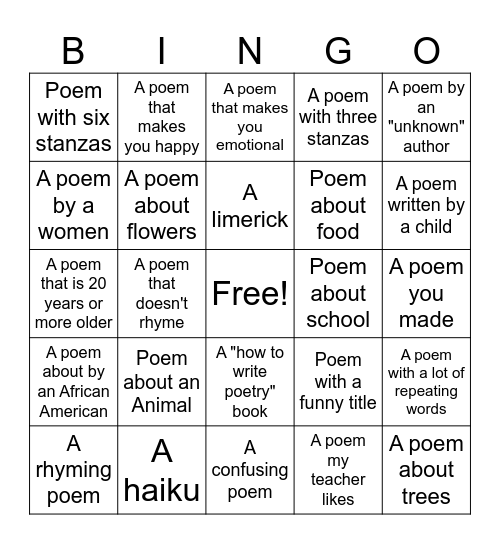 Poetry Bingo Scavenger Hunt Bingo Card