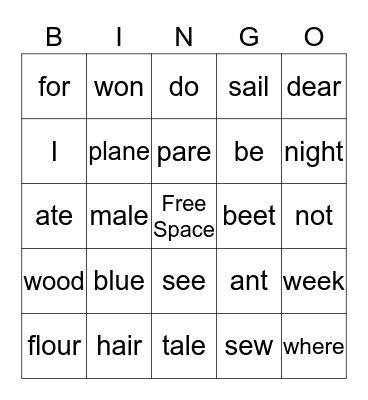 Homophones Bingo Card