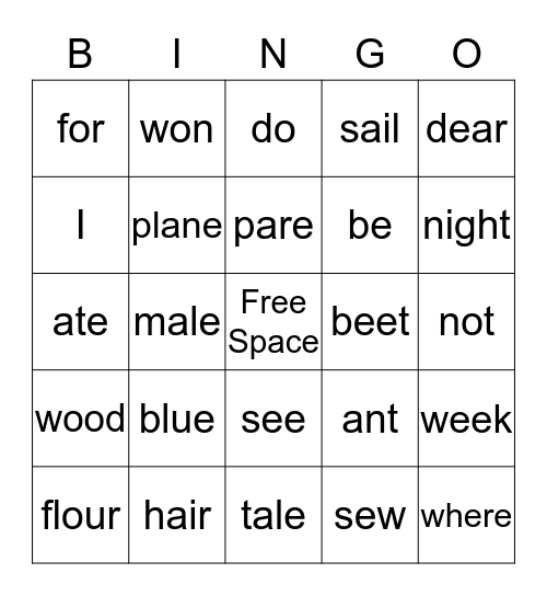Homophones Bingo Card