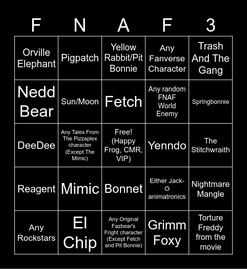 FNaFB3 Update Characters Bingo Card