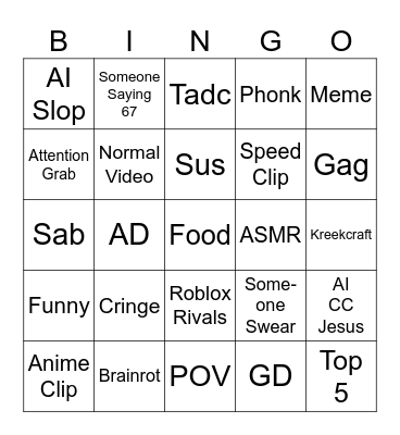 YouTube Shorts Bingo Card