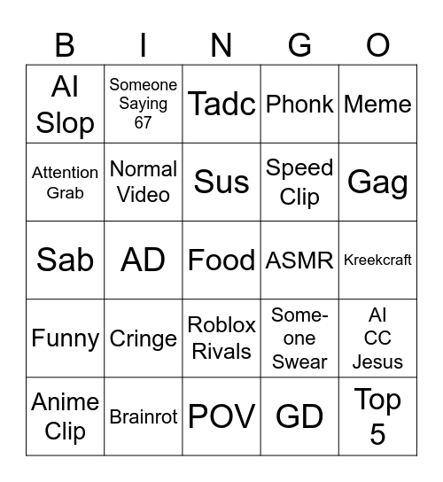 YouTube Shorts Bingo Card