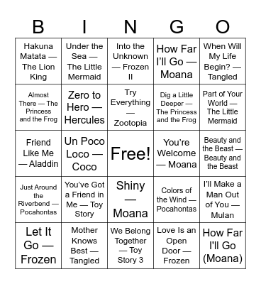 Disney Songs Bingo Card