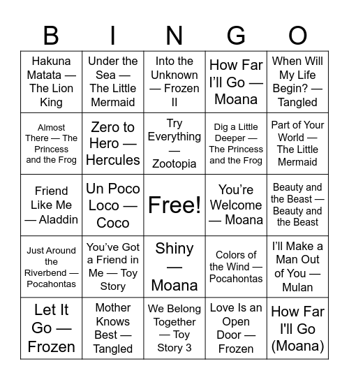 Disney Songs Bingo Card