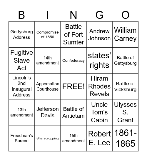 CIVIL WAR & RECONSTRUCTION Bingo Card