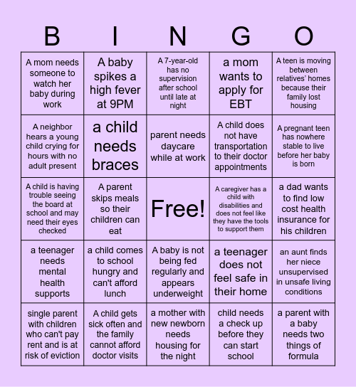 Child and Family Services Bingo Card