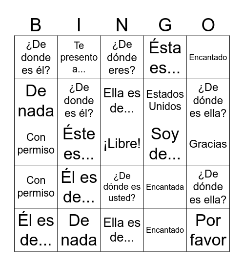 Voc. ¿De dónde eres? Bingo Card