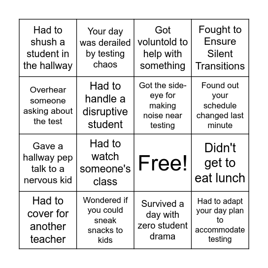 Non-Testing Bingo Card