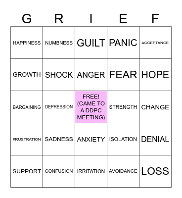 GRIEF FEELINGS BINGO Card