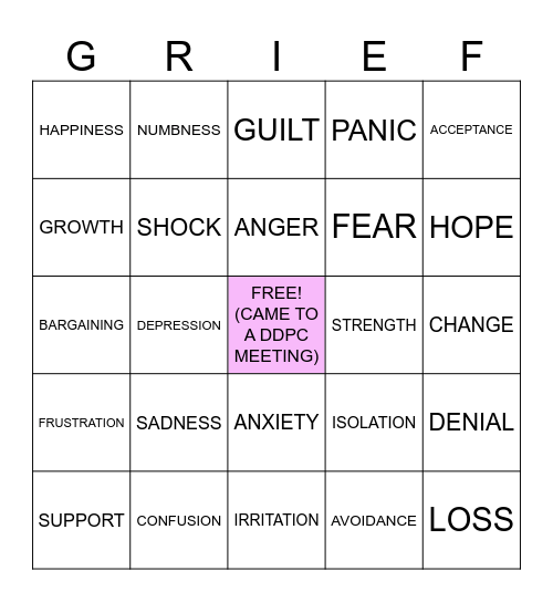 GRIEF FEELINGS BINGO Card