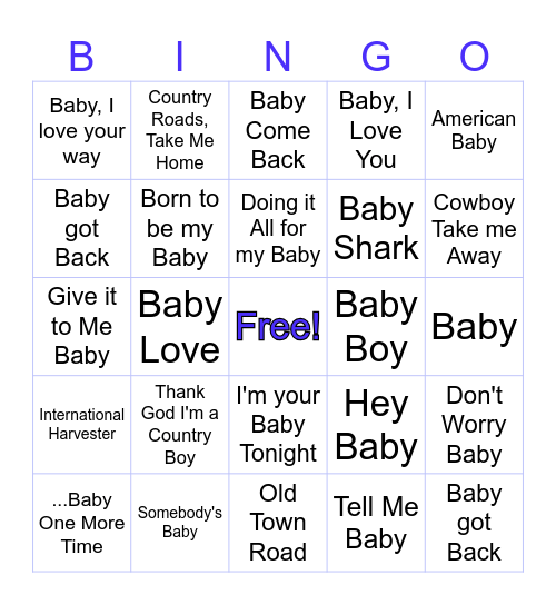 Baby Edmisten Music Bingo Card