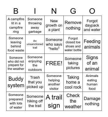 Leave No Trace Bingo Card