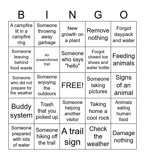 Leave No Trace Bingo Card