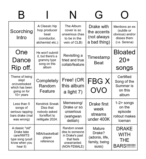 Drake will let me down May 15 and disgrace my dads birthday which is also on that day Bingo Card