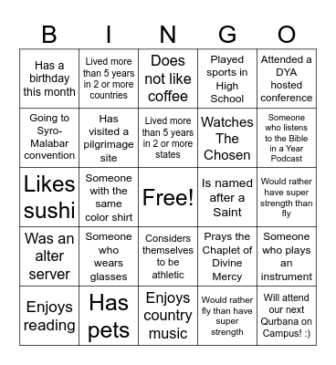 DYA South Human Bingo! Bingo Card