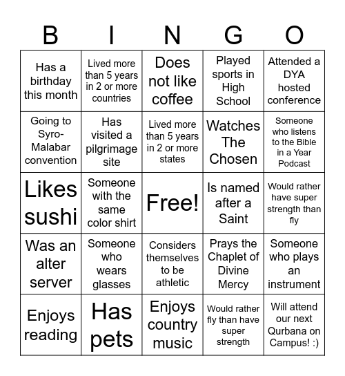 DYA South Human Bingo! Bingo Card