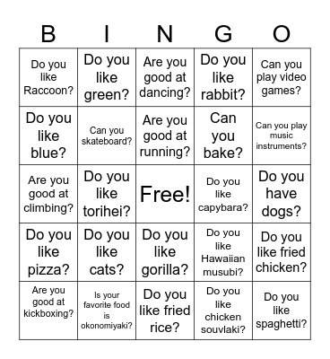 Question Bingo Card